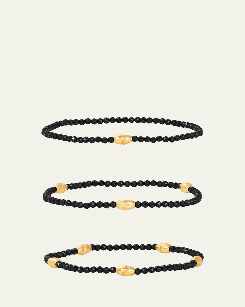 3mm Micro Faceted Black Spinel Stone and 14K Gold-Filled Textured Orzo Bead Bracelet Set